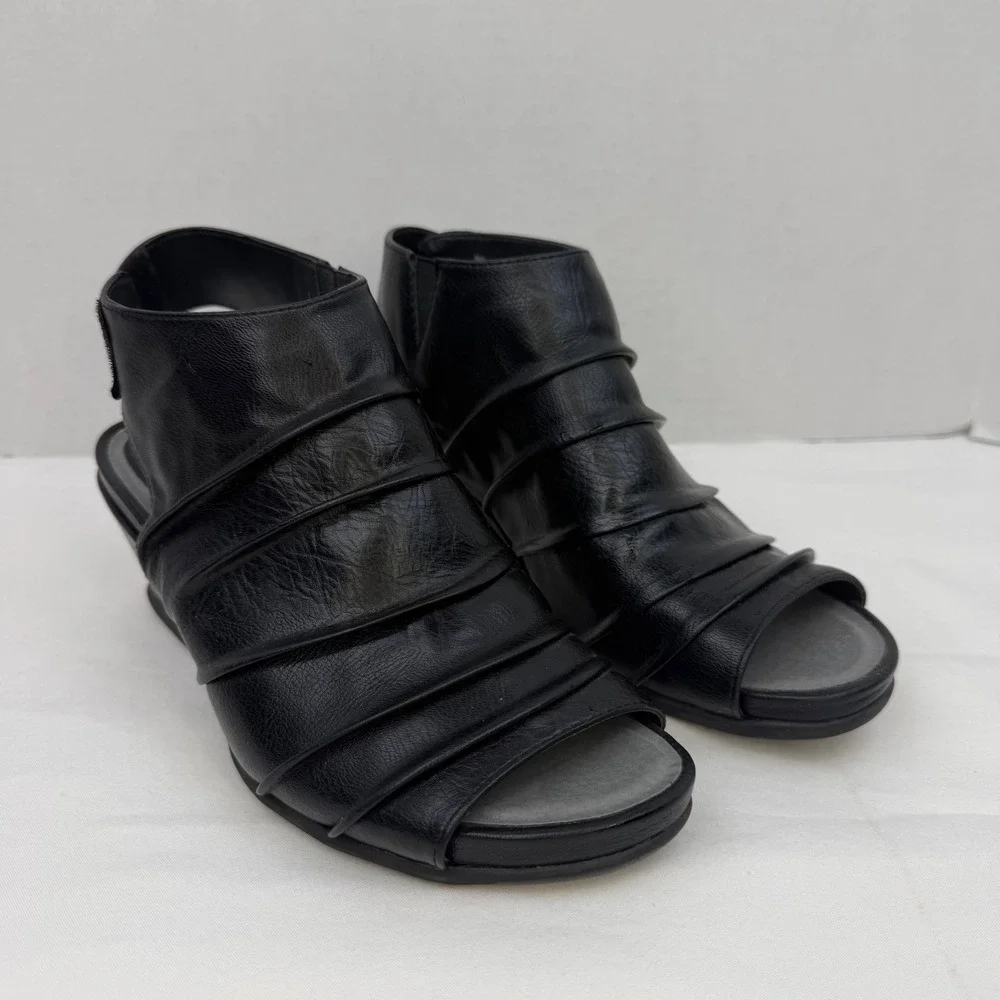 Croft & Barrow Animation Black Wedge Sandals Ortholite Pleated Womens 10 Med